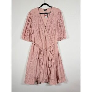 NEW City Chic XXL 24 Wrap Dress Rose Pink Floral Lace Puff Sleeve Ruffle Cottage